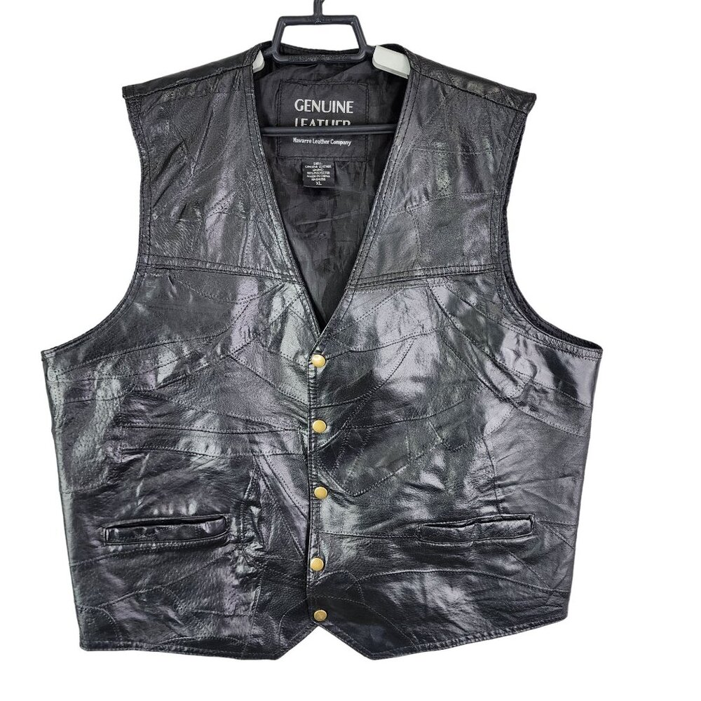 Mens Genuine Leather Black Vest Navarre Leather Company Button Snap Size XL